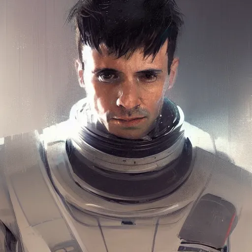 Image similar to portrait of a man by greg rutkowski, he is about 3 0 years old, short black hair with bangs, scared and incredulous, very tall and slender, he is wearing futuristic space gear, highly detailed portrait, digital painting, artstation, concept art, smooth, sharp foccus ilustration, artstation hq