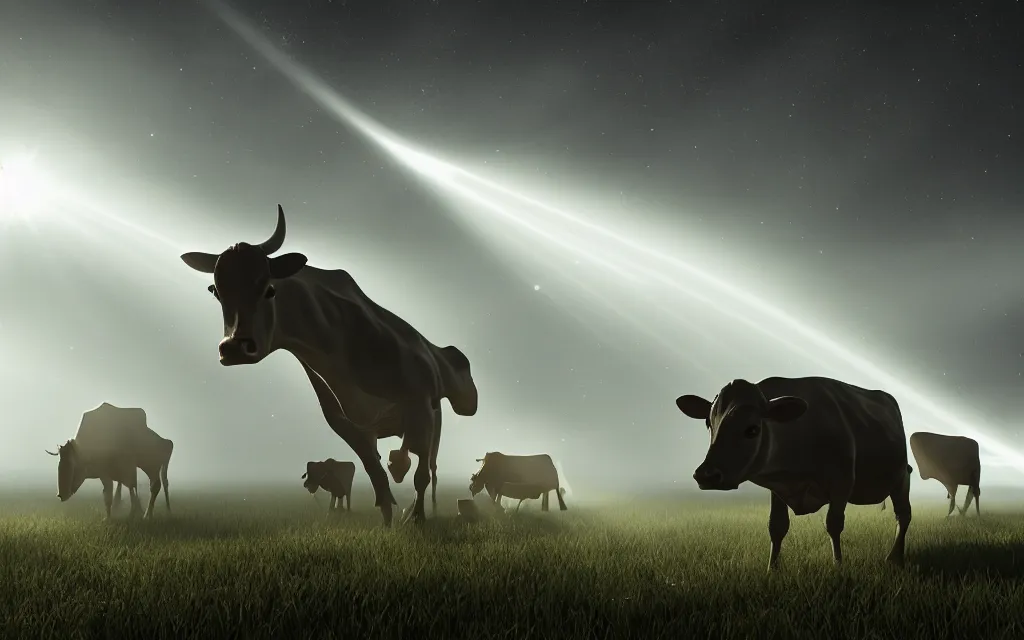 Image similar to alien ufo picking up cow with beam of light in farm, atmospheric, mist, epic, photorealistic, realistic, rule of thirds, extremely detailed, 4 k, 8 k, unreal engine 5 render, rim lighting, rtx, ray traced lighting, shot on 3 5 mm, film grain