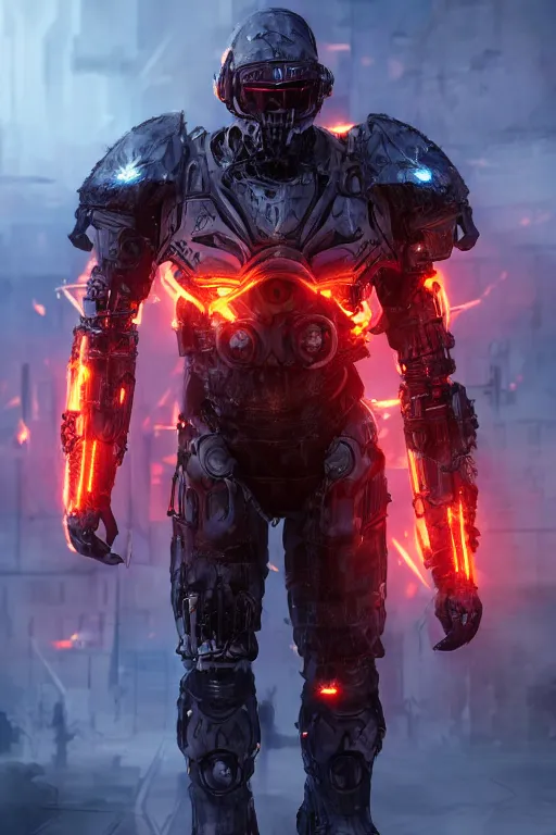 Prompt: Cybernetic Flame Armor, fantasy, photorealistic, glowing eyes, 4k, cinematic lighting, explosive, destroyed cityscape, powerful, bossfight