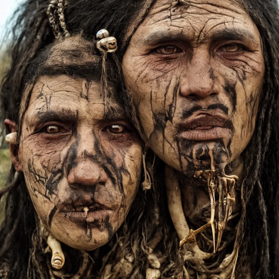 Image similar to extremely detailed award winning national geographic face portrait photography uncut centered and realistic from ancient mayan elder shaman warrior with terrifying face tattoos and heavy bone piercings . 64megapixel. 4k 8k. Photorealistic artwork. Influenced by the movie apocalypto. Landscape background what is slightly blurry and windy.