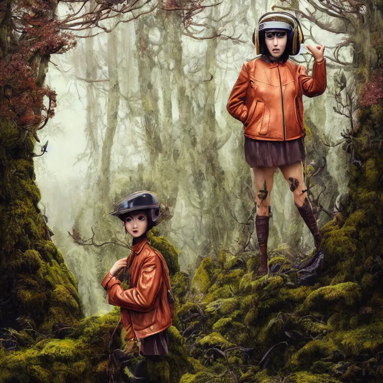 Image similar to highly detailed portrait of alone androgynous girl wearing bakelite leather jacket, bakelite rocky mountains, moss green japanese haunted forest background, by hsiao - ron cheng and artgerm, modular synthesizer helmet backpack, the grand budapest hotel, glow, no crop, digital art, artstation, pop art