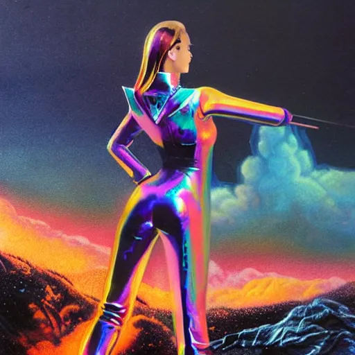 Image similar to high fantasy 1 9 8 0's wargame airbrushed artwork - inspired octane render, a model wearing an iridescent clear latex jacket and colorful iridescent glittery makeup posing in a volcanic black rock landscape