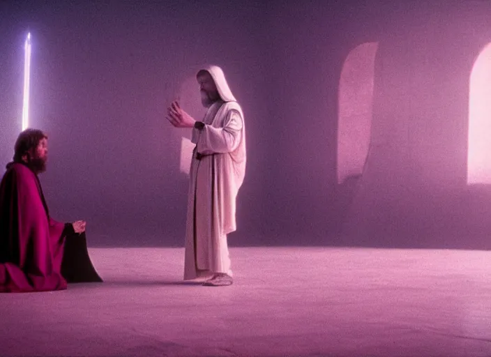 Image similar to Luke skywalker kneels before a strange jedi oracle, a mystic with infinite knowledge of time. in a foggy pink land. still from the 1983 film directed byalejandro jodorowsky. holy mountain, Photographed with Leica Summilux-M 24 mm lens, ISO 100, f/8, Portra 400