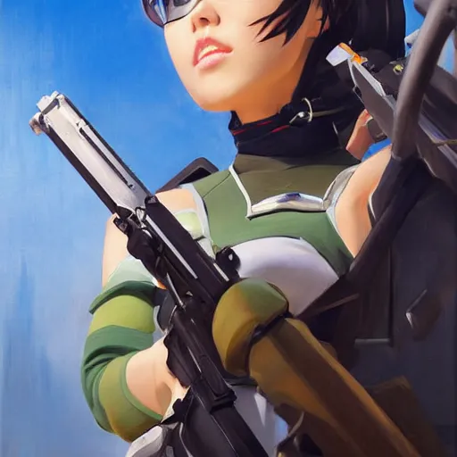 Image similar to greg manchess portrait painting of asada shino sinon as overwatch character, medium shot, asymmetrical, profile picture, organic painting, sunny day, matte painting, bold shapes, hard edges, street art, trending on artstation, by huang guangjian and gil elvgren and sachin teng