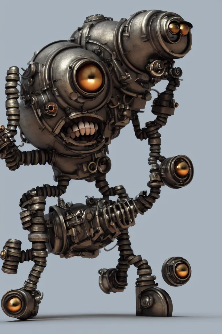 Prompt: a tiny cute dieselpunk monster with titanium pistons and belts and camshaft pulley and big eyes smiling and waving, back view, isometric 3d, ultra hd, character design by Mark Ryden and Pixar and Hayao Miyazaki, unreal 5, DAZ, hyperrealistic, Cycles4D render, Arnold render, Blender Render, cosplay, RPG portrait, dynamic lighting, intricate detail, summer vibrancy, cinematic, centered, focused, sharp