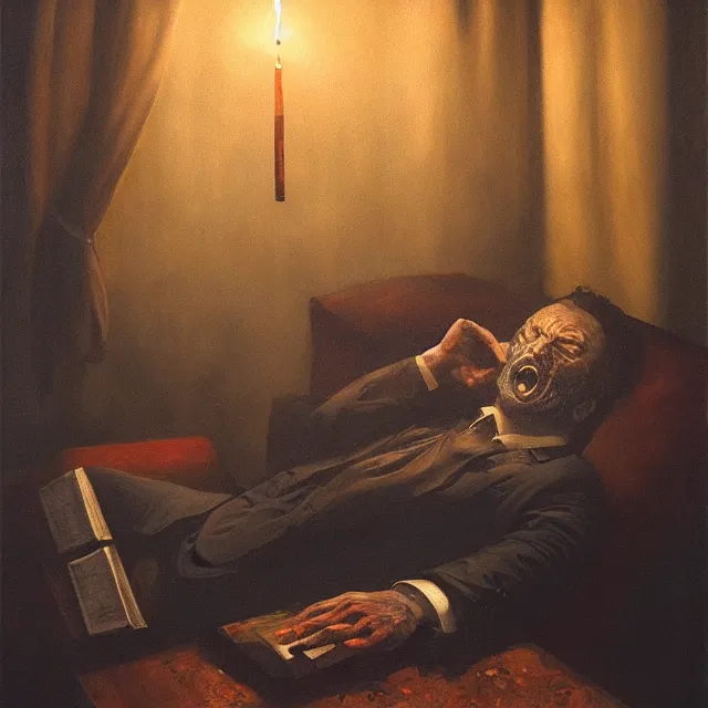 Prompt: ultra - realistic horrifying painting of a terrified man in a suit reading a dead sea scroll by candlelight, by dave dorman, paul carrick, dark, brooding, volume lighting, atmospheric lighting, painted, intricate, ultra detailed, well composed, best on artstation, cgsociety, epic, stunning, gorgeous, intricate detail, wow, masterpiece