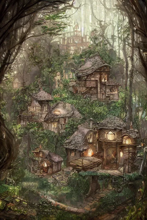 Prompt: a storybook ramshackle multistory hut in the woods, intricate, elegant, fantasy, highly detailed, digital painting, concept art, sharp focus, illustration, artstation, fairytale style