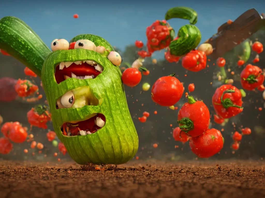 Prompt: detailed 3 d render of a raging zucchini character with peeler tool running on dirt road, scared tomates scattered everywhere, high speed action, explosions, dramatic scene, hyper realistic octane render, cinematic lighting, splatter, deviantart, black sky, lowbrow, frame from pixar movie