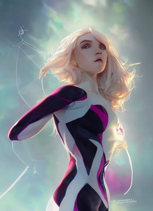 Image similar to ultra realistic illustration, spidergwen anime, intricate, elegant, highly detailed, digital painting, artstation, concept art, smooth, sharp focus, illustration, art by artgerm and greg rutkowski and alphonse mucha and wlop