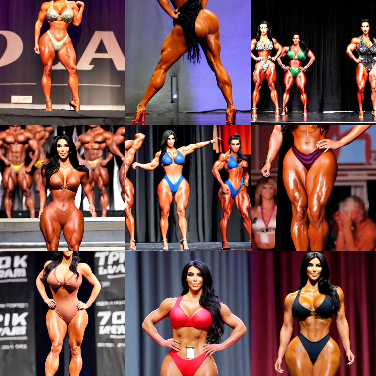 Prompt: kim kardashian posing on stage at a bodybuilding competition