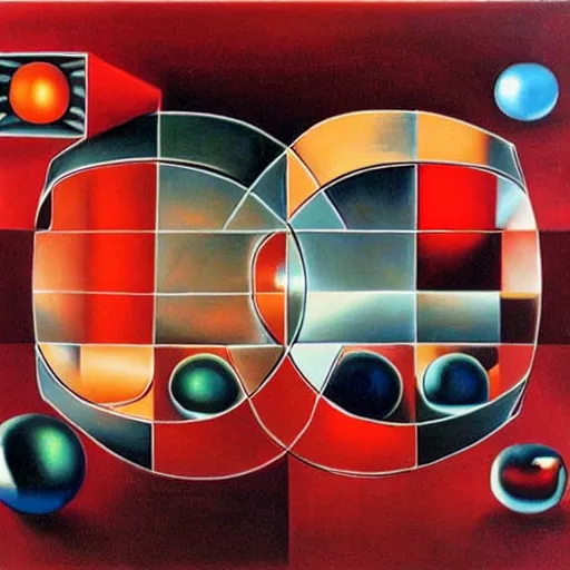 Prompt: chrome spheres on a red cube by salvador dali