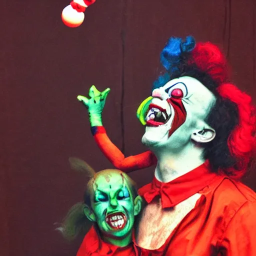 Image similar to demonic hell clown juggling with an angel clown.