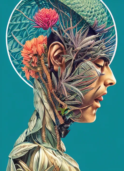 Prompt: gigantic cyborg head, a lot of exotic vegetation, trees, flowers by junji ito, tristan eaton, victo ngai, artgerm, rhads, ross draws, hyperrealism, intricate detailed