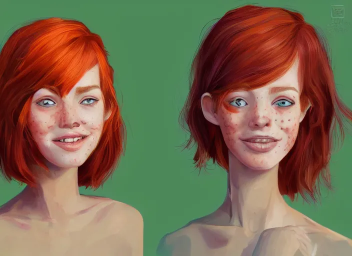 Image similar to portrait of a beautiful smiling girl with orange hair and freckles, green eyes, highly detailed, digital painting, style by Gretel Lusky, artstation, concept art, smooth, sharp, focus, illustration. background is purple