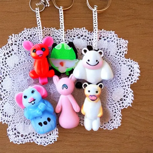Image similar to some cute plastic toys that look like animal characters hanging from a keychain, laying onto of a doily, white, cream, and light pink