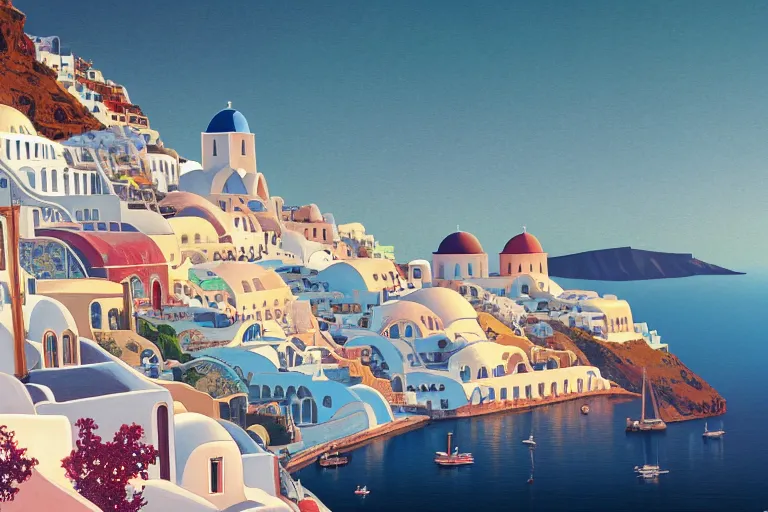 Image similar to Santorini, victorian by victo ngai, Trending on artstation, unreal engine, 8K, HD, wallpaper, JPEG artifact,blur