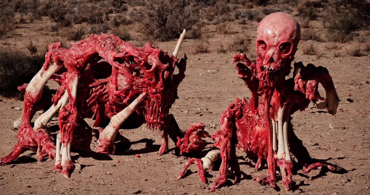 Image similar to in the desert a bloody gross horrifying The Thing creature made of muscle and bone and blood stares at the camera, eating, mid day, 35mm photography, realistic,