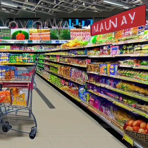 Prompt: long queue at supermarket with lots of food and groceries, photorealistic, ultra-detailed, 4k high resolution, HDR shot