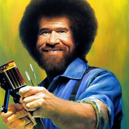 Prompt: Bob Ross painting The Prodigy's fourth studio album cover Always Outnumbered, Never Outgunned, 4k