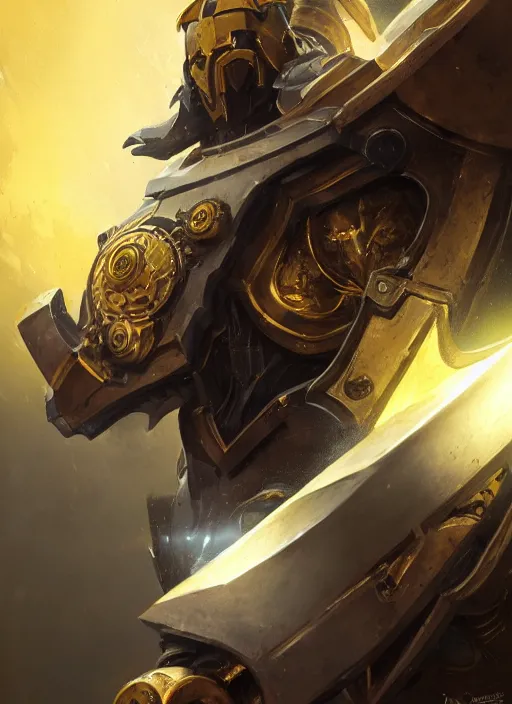 Prompt: dynamic abstract portrait of a intricate glorious holy mechanical warforged character in yellow armor holding a paladin engraved great longsword drawn and carrying a big paladin shield, beam glowing eye , face in focus, epic , trending on ArtStation, masterpiece, cinematic lighting, by Ross Tran and by Greg Rutkowski