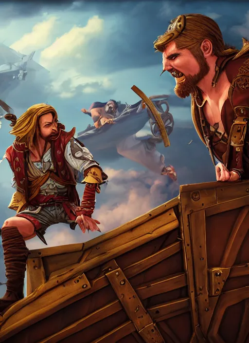 Image similar to an epic fantasy comic book style portrait painting of two bumbling idiot sky - pirates on the deck of a skyship looking at a chest, unreal 5, daz, hyperrealistic, octane render, cosplay, rpg portrait, dynamic lighting, very detailed faces