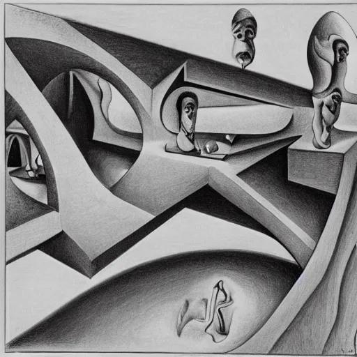 Image similar to M.C. Escher's Relatively drawing done by Salvador Dali