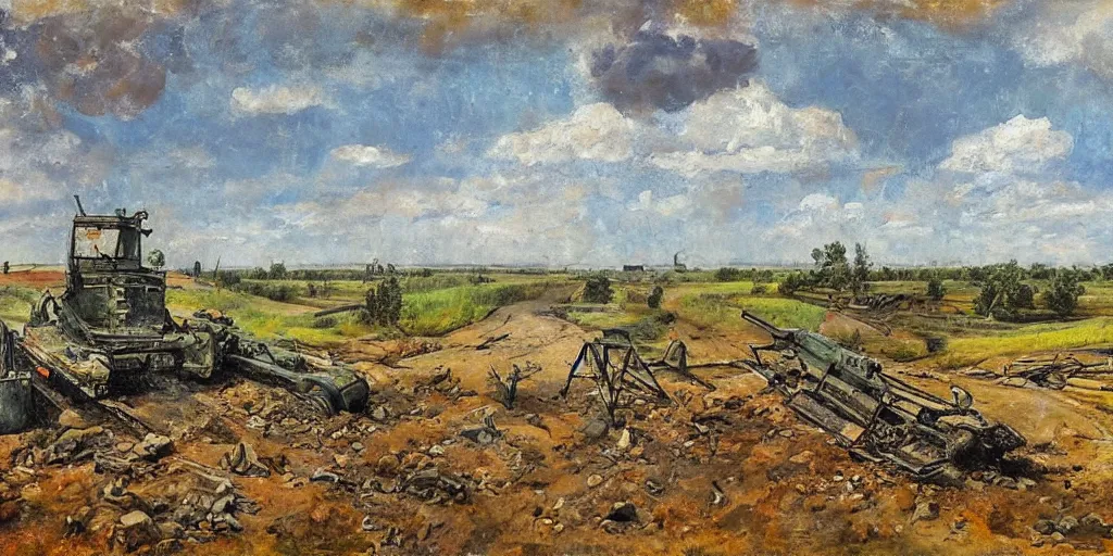 Image similar to landscape of the eastern front, summertime, abandoned equipment, shell holes, oil painting in the style of peredvizhniki