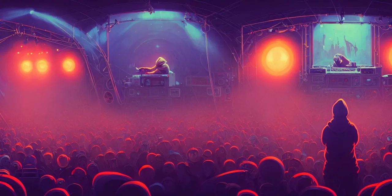 Image similar to tomorrowland, hyper - realistic portrait of a man in a hoodie, on the stage of a music festival, intricate, 4 k, by atey ghailan, by greg rutkowski, by greg tocchini, by james gilleard, by joe fenton, by kaethe butcher, dynamic lighting, lighting color scheme, sharp focus, grunge aesthetic