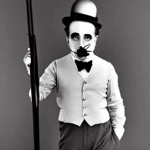 Image similar to Charlie Chaplin dancing, with hat, cane, shoes, moustache, 1920s vibes, black and white silent movie style, yellow infrared