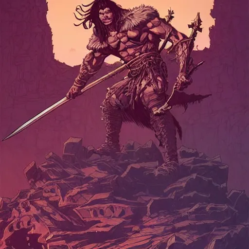 Image similar to cell shaded cartoon, a dark lord conan the Barbarian raising a sword atop a mountain of bones, concept art by josan gonzales and wlop, Laurie Greasley and james jean, highly detailed, sharp focus, Trending on Artstation, HQ, deviantart, art by artgem