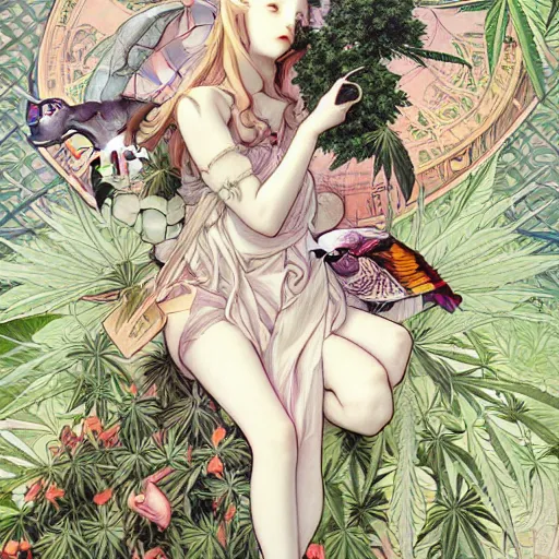 Image similar to two pigeon, cannabis tree, pigeons and trees by Range Murata and Mucha