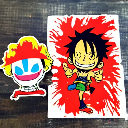 Image similar to die cut sticker, luffy is joyboy, splatter paint on paper