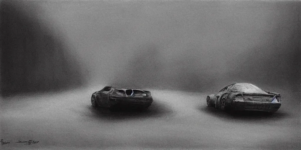 Image similar to car in full speed in a empty street, mad max kieth thomsen, zdzislaw beksinski