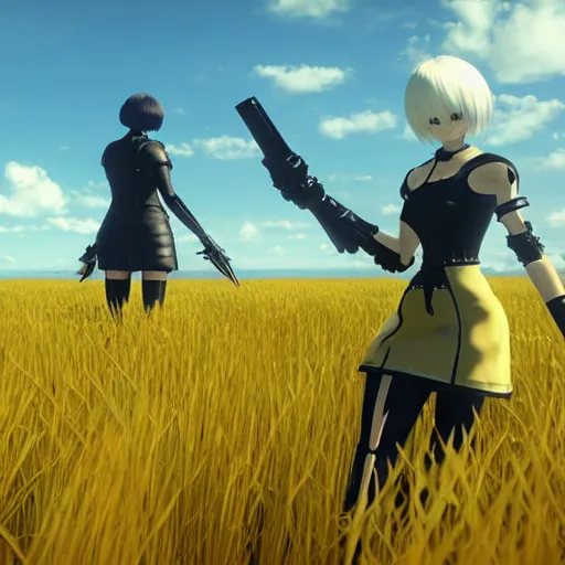 Prompt: a very high resolution image from nier : automata, featuring 9 s android fighting russian spetznaz in yellow rye field under pure blue skies