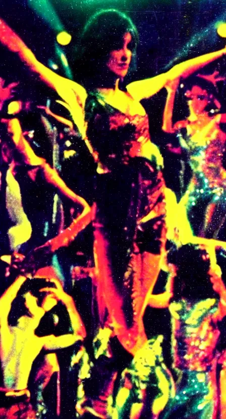 Image similar to the Antichrist dancing at Studio 54, disco, saturated color, high contrast, strobe lights, sparkles, depth of field, 1976, bad vhs