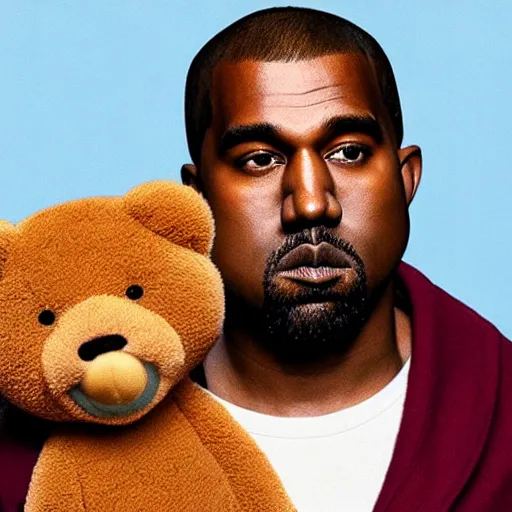 Image similar to A renaissance painting of Kanye West with a anthropomorphic Teddy Bear mascot, portrait, album cover,