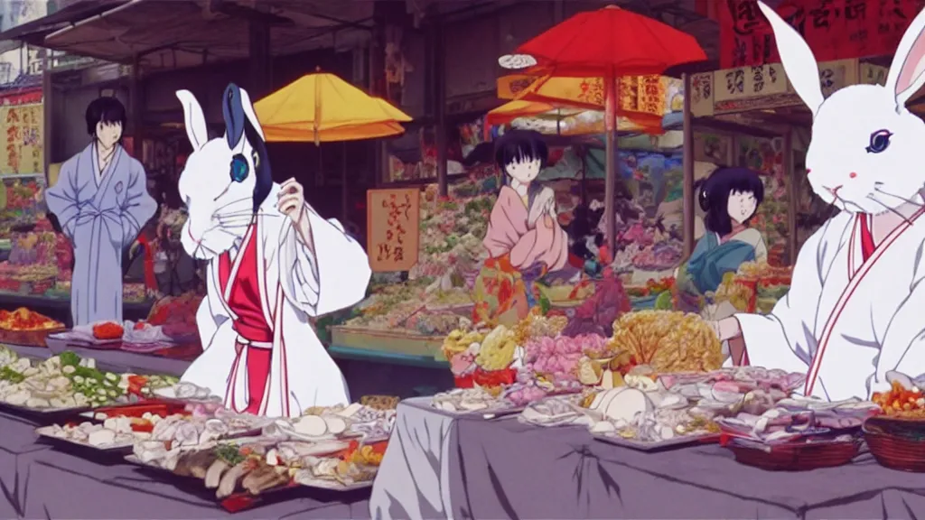 Image similar to a huge white rabbit wearing a geisha robe eating at the street market, anime film still from the an anime directed by Katsuhiro Otomo with art direction by Salvador Dalí, wide lens