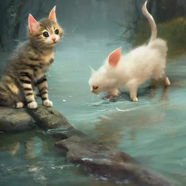 Prompt: a painting of a cute kitten at a river catching fish. disney character design by cory loftis, fenghua zhong, ryohei hase, ismail inceoglu and ruan jia. volumetric light, detailed, rendered in octane