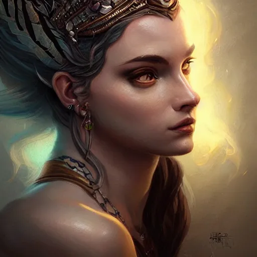 Image similar to goddess portrait, tattoo, unicorn, phoenix head, intricate artwork Tooth Wu, Greg Rutkowski, RPG, dynamic lighting, fantasy art, high contrast, depth of field, high detail, smooth gradients