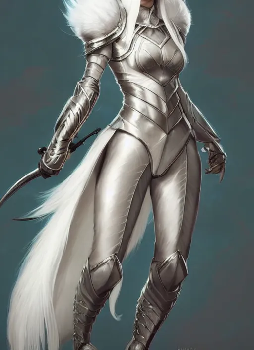 Image similar to fur - lined armor!!! beautiful and elegant white haired female!! gorgeous ayes!! character concept art, sharp focus, octane render! unreal engine 5! highly rendered!! trending on artstation!! detailed linework!! illustration by artgerm and peter mohrbacher