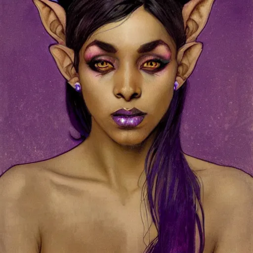 Image similar to half length portrait of a beautiful female drow elf warlock, black skin, violet magic, royo, klimt, miro, vallejo, frazetta, alphonse mucha, greg rutkowski, whealan