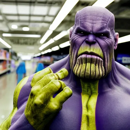 Image similar to thanos looking for his mom at wallmart, sharp focus