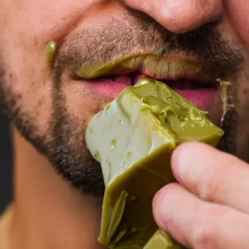 Prompt: closeup of a man tasting a stinking old green cheese driping green blood