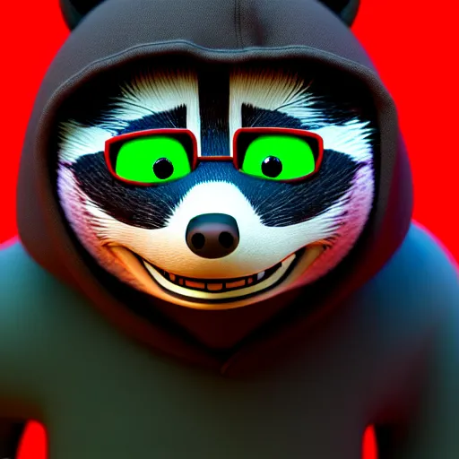 Prompt: a relaxed stoner with a black hoodie on with a marijuana themed dark green raccoon head from my little pony, 3 d, blender 3 d, render, extremely detailed, 8 k, has cracked red eyes