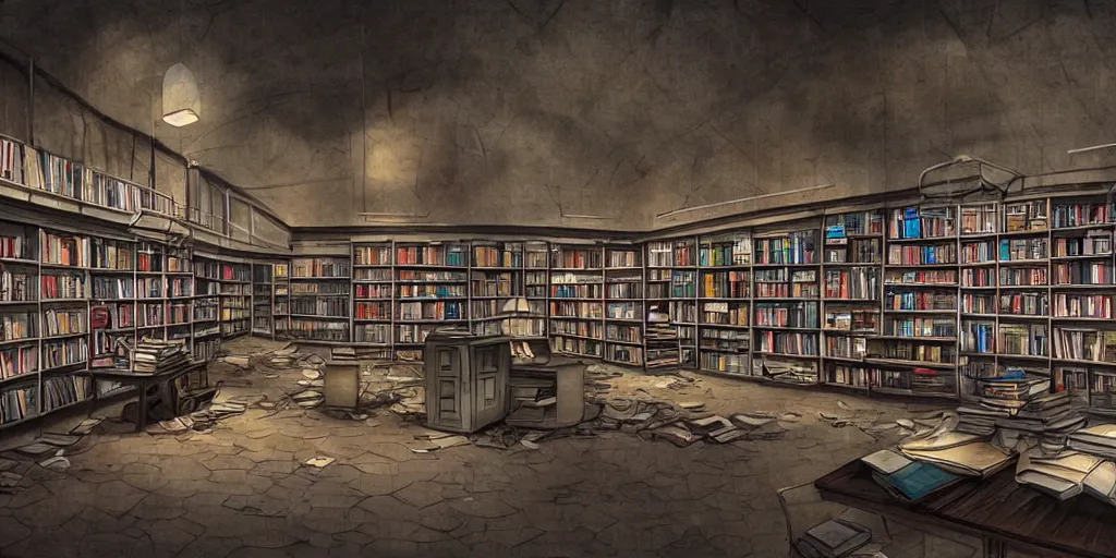 Image similar to eerie abandoned bookstore in the mall at night, scattered books, dramatic lighting, award - winning anime digital art