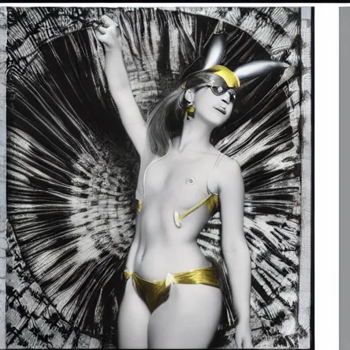 Image similar to elegant woman dressed up as pikachu, art photo by Annie Liebovitz and Alphonse Mucha