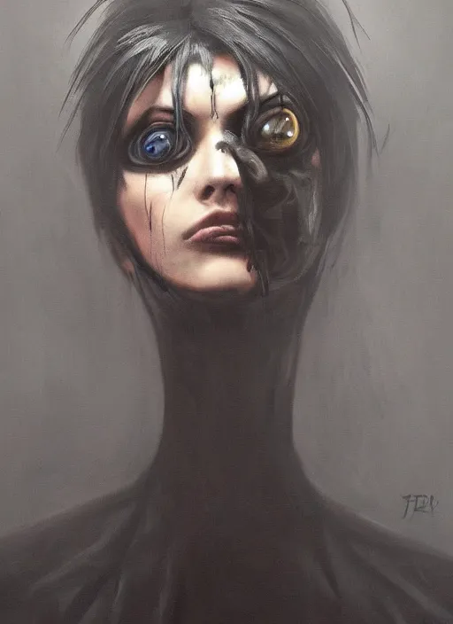 Image similar to dark portrait painting of tracer from overwatch, in style of zdzisław beksinski, scary, horror, 4 k, feminine facial features, overwatch tracer character, horror, body horror, disturbing, detailed face, dressed in dark garment, black tendrils, tall,