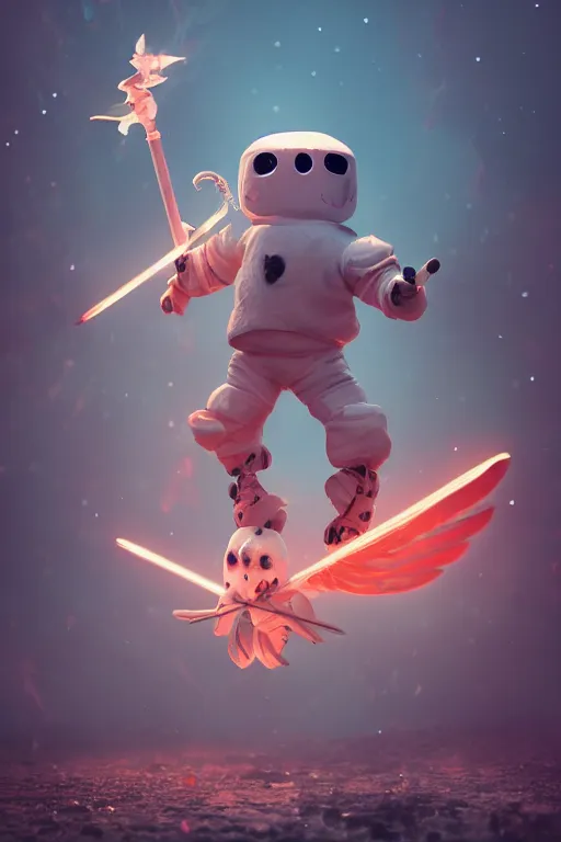 Prompt: Marshmallow Astronaut with wings swinging katana, magical atmosphere, neon, cinematic shot, intricate, ornate, photorealistic, ultra detailed, realistic, 100mm, photography, octane, high definition, depth of field, bokeh, 8k, artstation