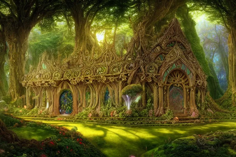 Prompt: a beautiful and highly detailed digital painting of an elven temple in a beautiful garden in a mystical forest by caspar friedrich and albert bierstadt and james gurney and brian froud, lothlorien, psychedelic patterns, celtic designs, intricate details, epic scale, hyperdetailed, hyperrealism, artstation, cgsociety, 8 k, sharp focus