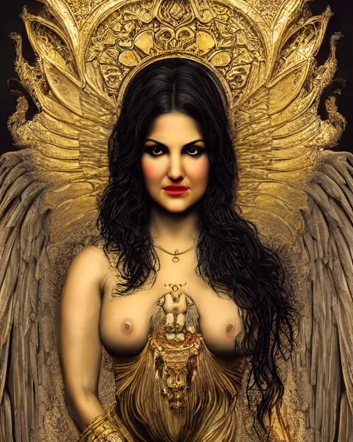 Image similar to concept art, sunny leone as an angel woman, beautiful, frank frazetta, ornate, art nouveau, symmetrical, gold jewelry, high contrast, unbiased render, Emil melmoth, eerie, haunting, victorian, 8k, octane render, style of Gustav Klimt, head and shoulders